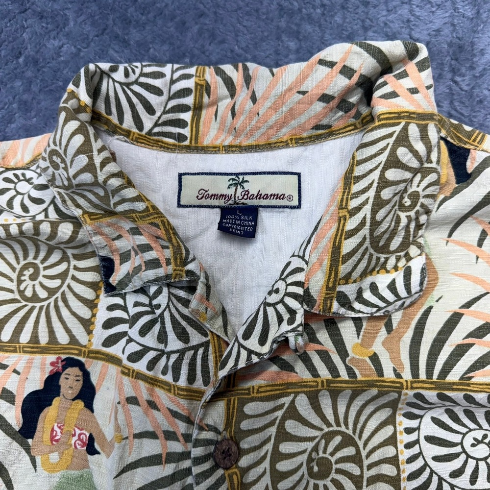 Tommy Bahama Hula Girl Shirt Mens L Beige Silk Tropical Camp Relax Fit - Picture 3 of 10